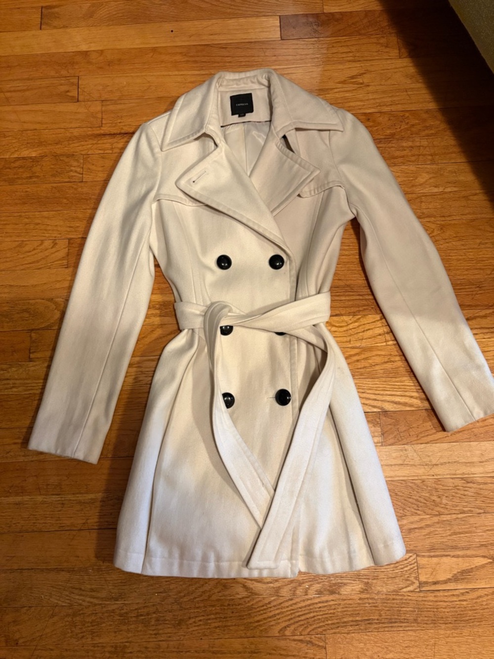 Express Cream Double-Breasted Trench Coat — Belted Longline Excellent Condition